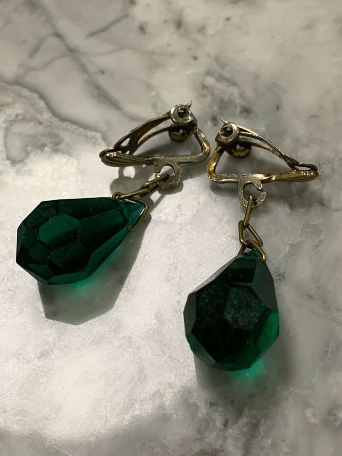 Antique Vintage Art Deco Czech Green Drop Faceted Earrings