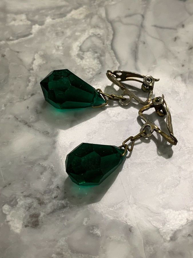 Antique Vintage Art Deco Czech Green Drop Faceted Earrings