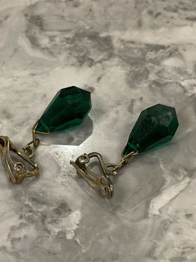 Antique Vintage Art Deco Czech Green Drop Faceted Earrings