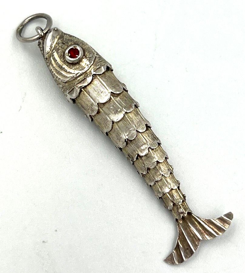 Antique Large Solid Silver Articulated Fish Pendant Ruby Eyes Chinese Antique Hand Made