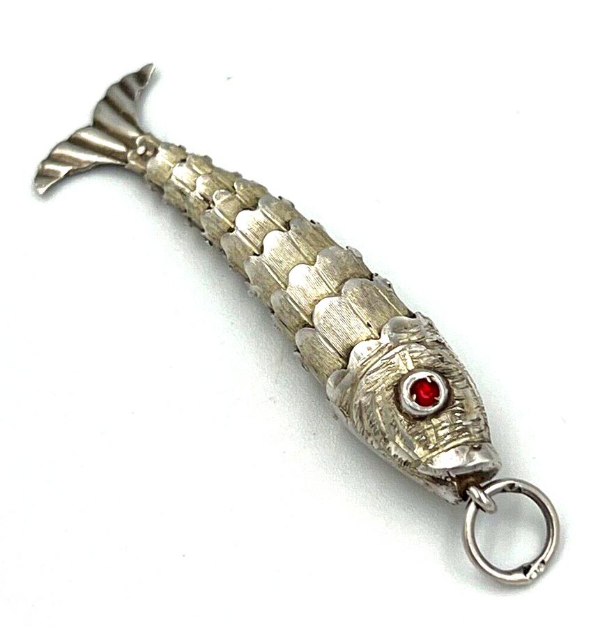 Antique Large Solid Silver Articulated Fish Pendant Ruby Eyes Chinese Antique Hand Made