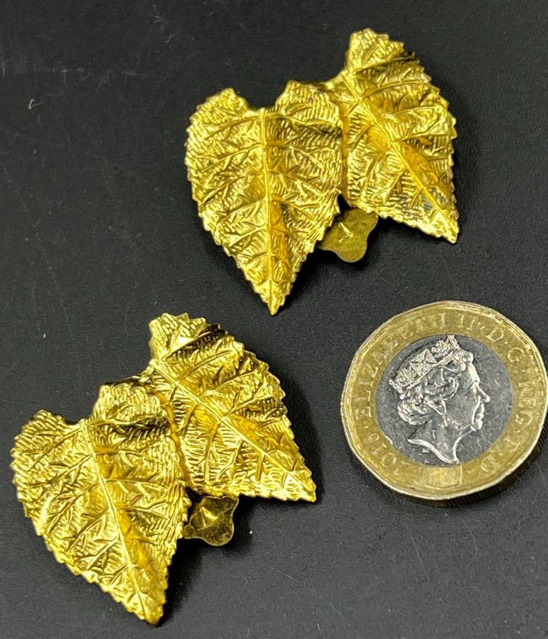 Antique Vintage Very Large Gold Tone  Earrings Clip On Double Leaf Shaped A