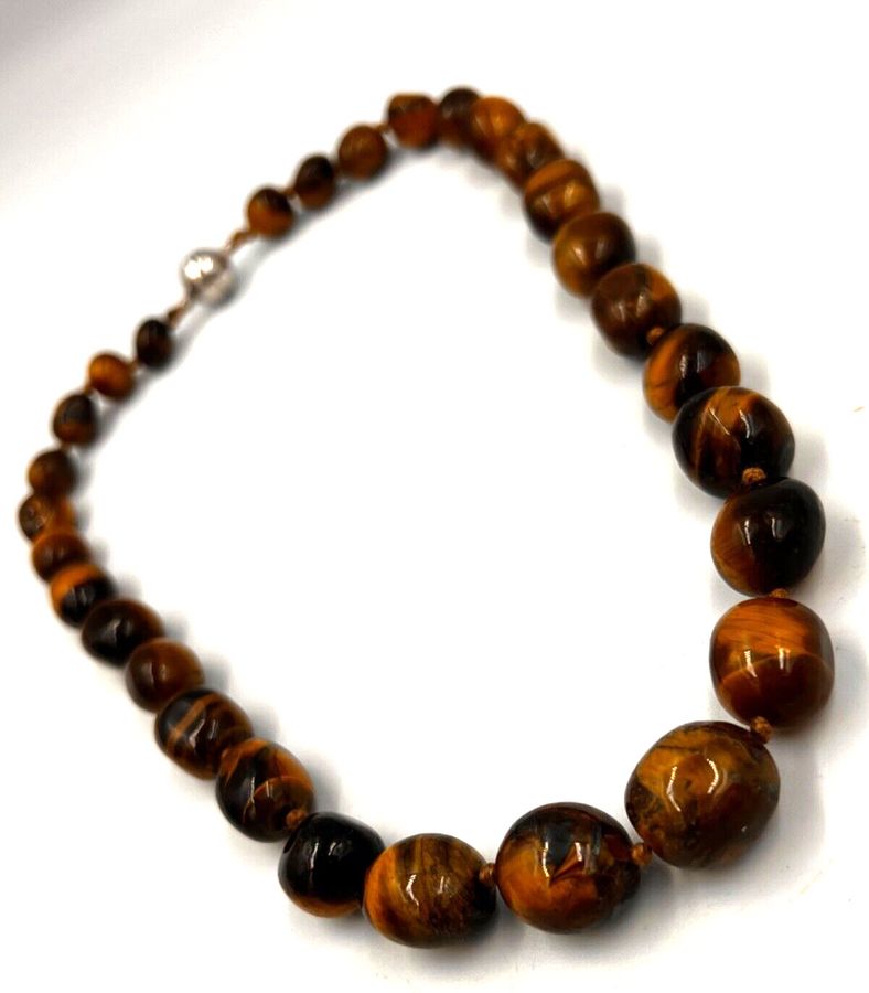 Antique Vintage Natural Tiger Eye Chunky Necklace Choker Graduated  Magnetic Clasp (A)