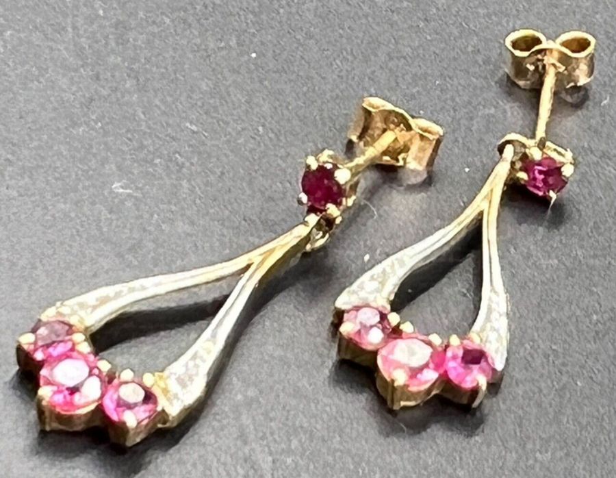 Antique Vintage 9CT Gold Drop Earrings Ruby & Diamond White & Yellow Gold