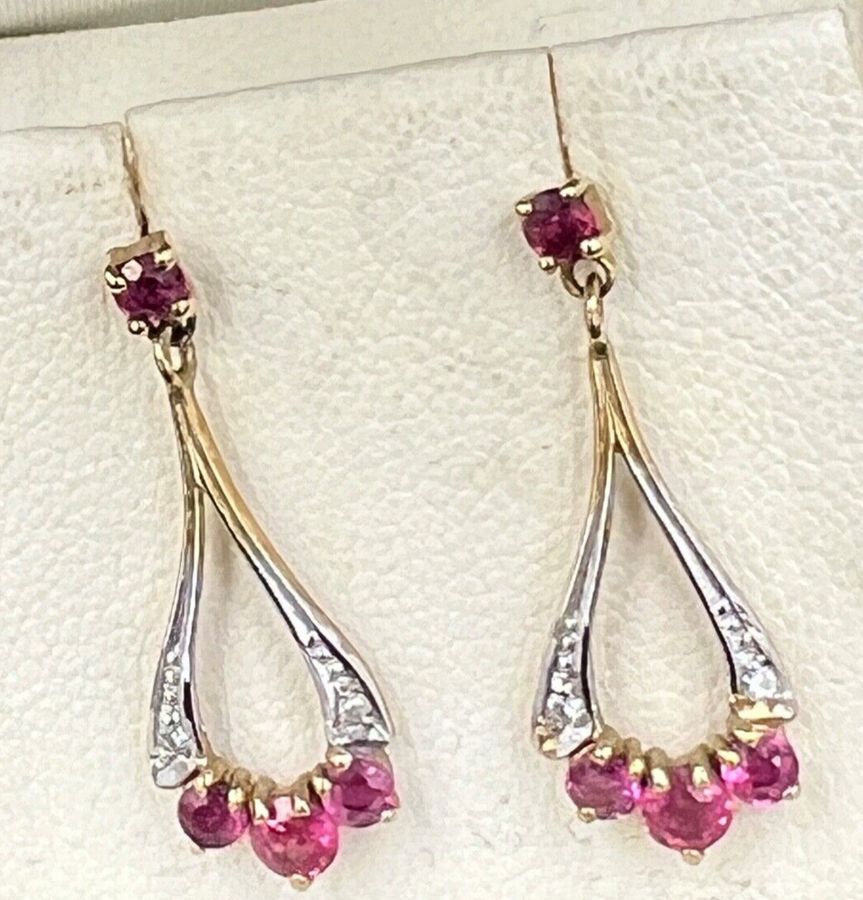 Antique Vintage 9CT Gold Drop Earrings Ruby & Diamond White & Yellow Gold