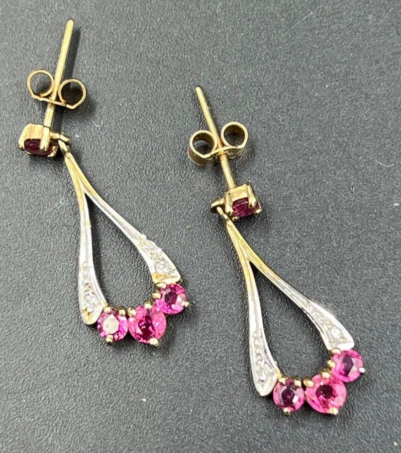 Antique Vintage 9CT Gold Drop Earrings Ruby & Diamond White & Yellow Gold