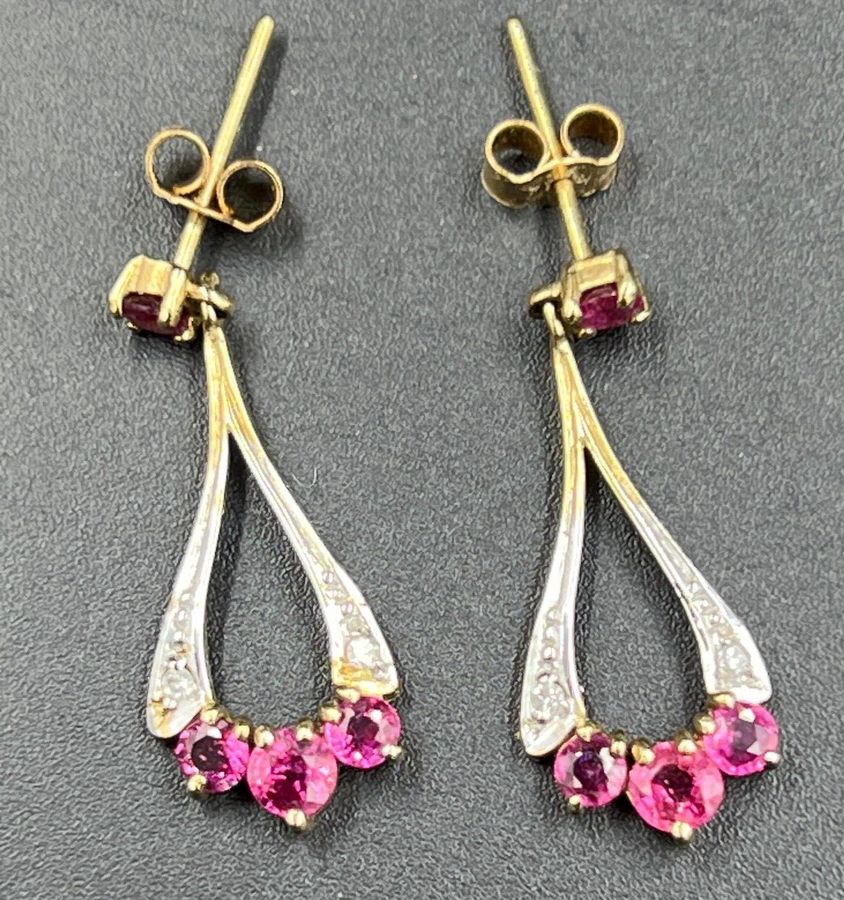 Antique Vintage 9CT Gold Drop Earrings Ruby & Diamond White & Yellow Gold