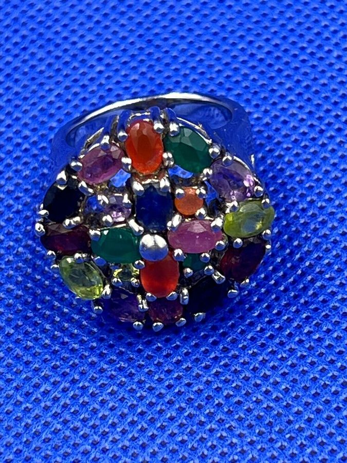 Antique Very Large Vintage Sterling Silver & Multi Gemstone Ring Size T