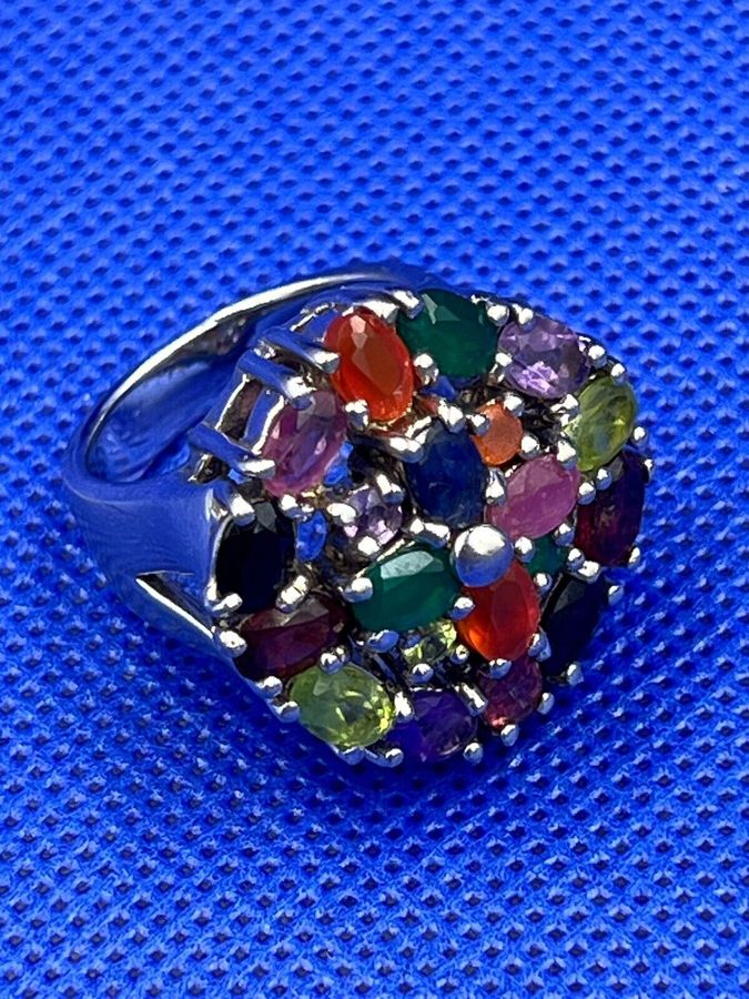 Antique Very Large Vintage Sterling Silver & Multi Gemstone Ring Size T