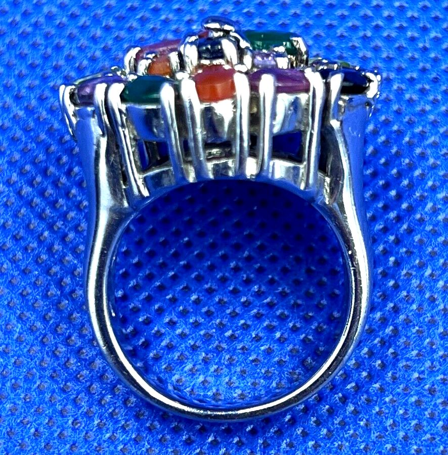 Antique Very Large Vintage Sterling Silver & Multi Gemstone Ring Size T