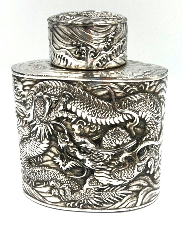 Antique Rare Antique Japanese Silver Plated over Copper Tea Caddy Decorated with Dragons