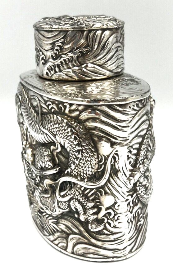 Antique Rare Antique Japanese Silver Plated over Copper Tea Caddy Decorated with Dragons