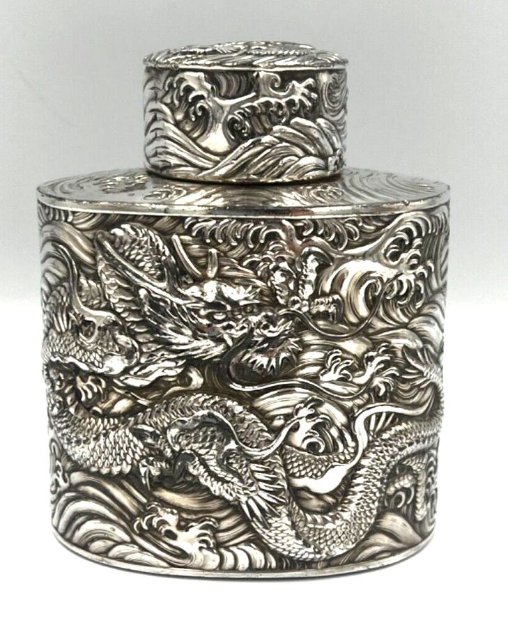 Antique Rare Antique Japanese Silver Plated over Copper Tea Caddy Decorated with Dragons