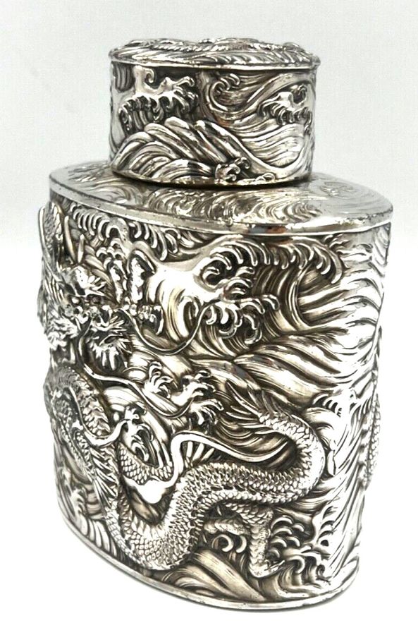 Antique Rare Antique Japanese Silver Plated over Copper Tea Caddy Decorated with Dragons