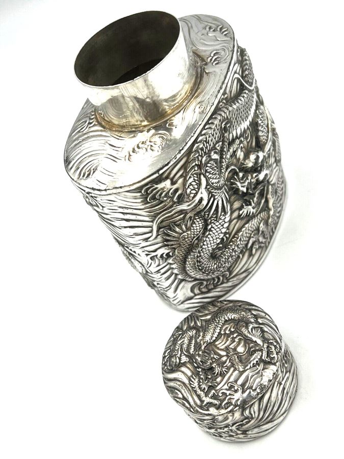 Antique Rare Antique Japanese Silver Plated over Copper Tea Caddy Decorated with Dragons