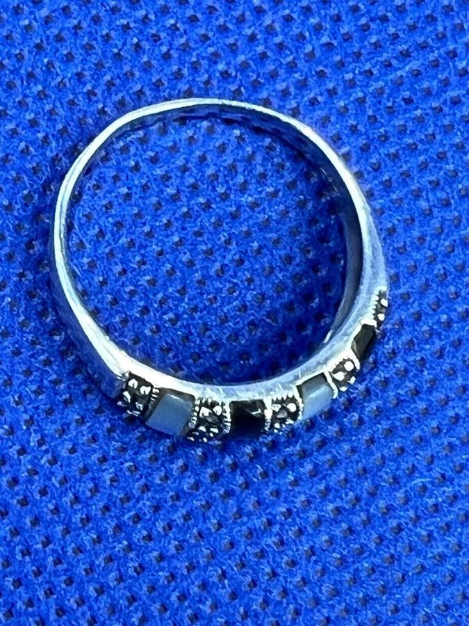 Antique Vintage Sterling Silver & Marcasite Onyx & Mother of Pearl Ring Size T