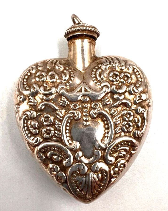 Antique Antique Sterling Silver Heart Scent Bottle Chatelaine Pendant Hallmarked