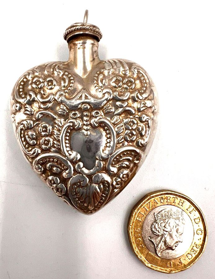 Antique Antique Sterling Silver Heart Scent Bottle Chatelaine Pendant Hallmarked