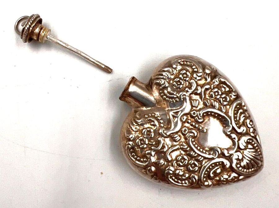 Antique Antique Sterling Silver Heart Scent Bottle Chatelaine Pendant Hallmarked