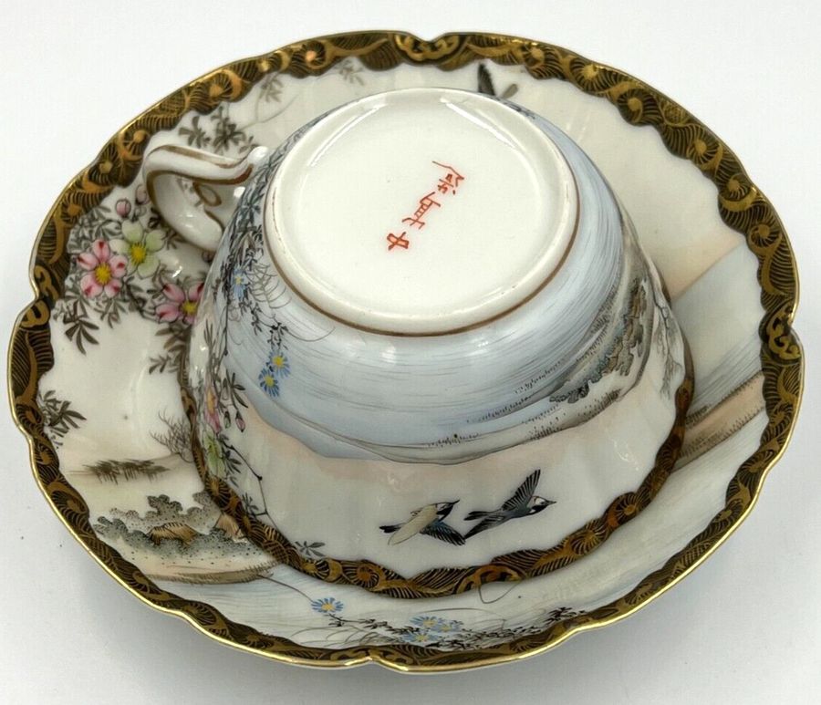 Antique Antique Art Deco Chinese Hand Painted Tea Cup & Saucer Fluted Edge