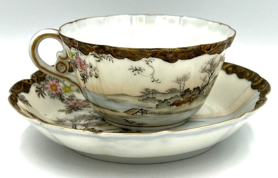 Antique Antique Art Deco Chinese Hand Painted Tea Cup & Saucer Fluted Edge