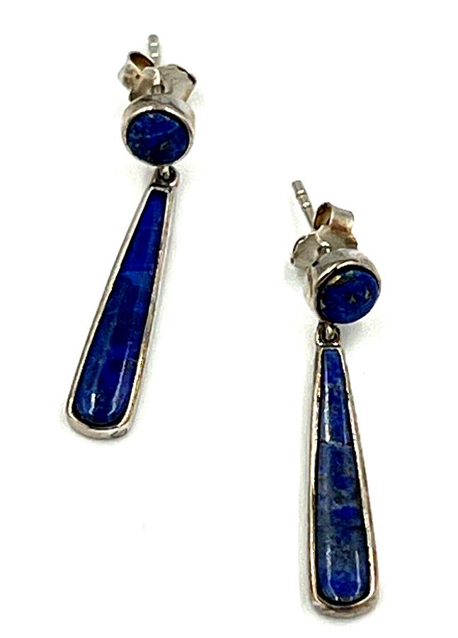 Antique Vintage Natural Lapis Lazuli and Silver Drop Earrings Hallmarked