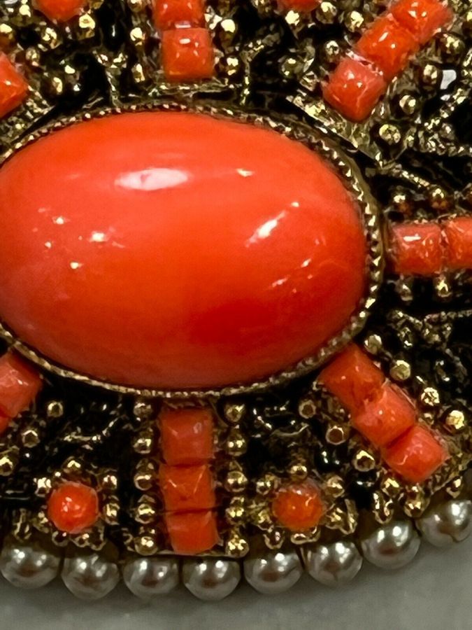 Antique Vintage Large Czech Coral Cabochon and Pearl Brooch Pin High Relief Bohemian