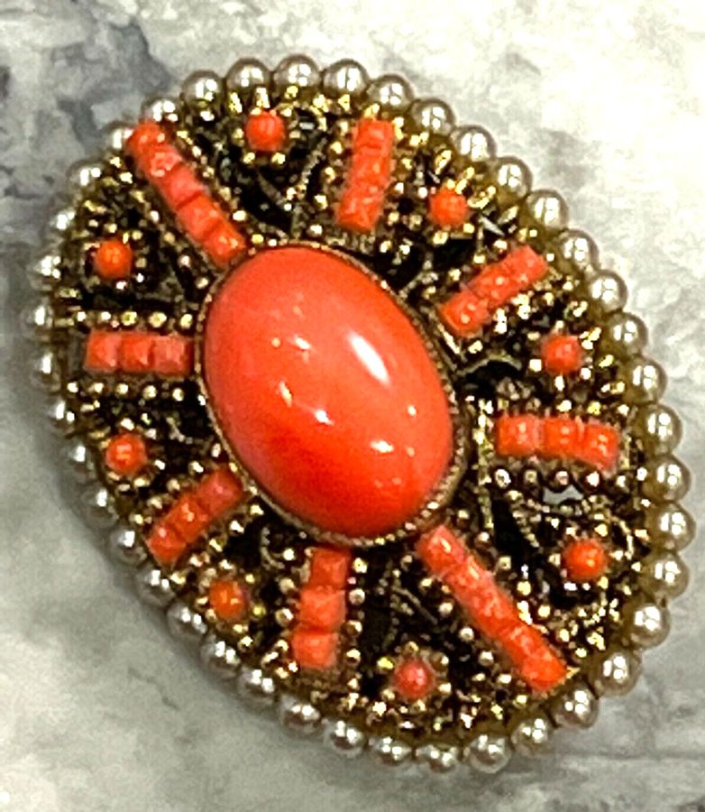 Antique Vintage Large Czech Coral Cabochon and Pearl Brooch Pin High Relief Bohemian