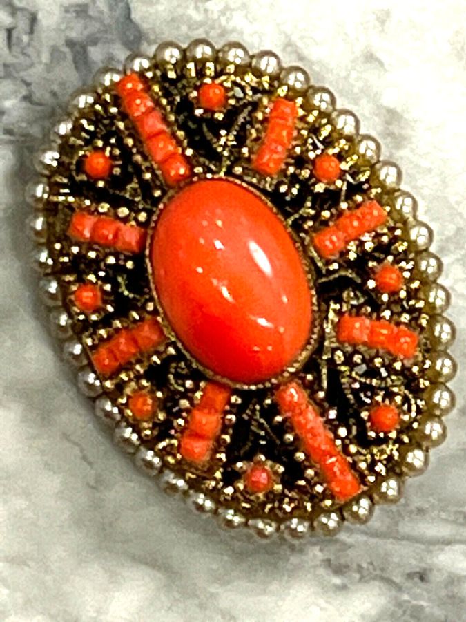 Antique Vintage Large Czech Coral Cabochon and Pearl Brooch Pin High Relief Bohemian