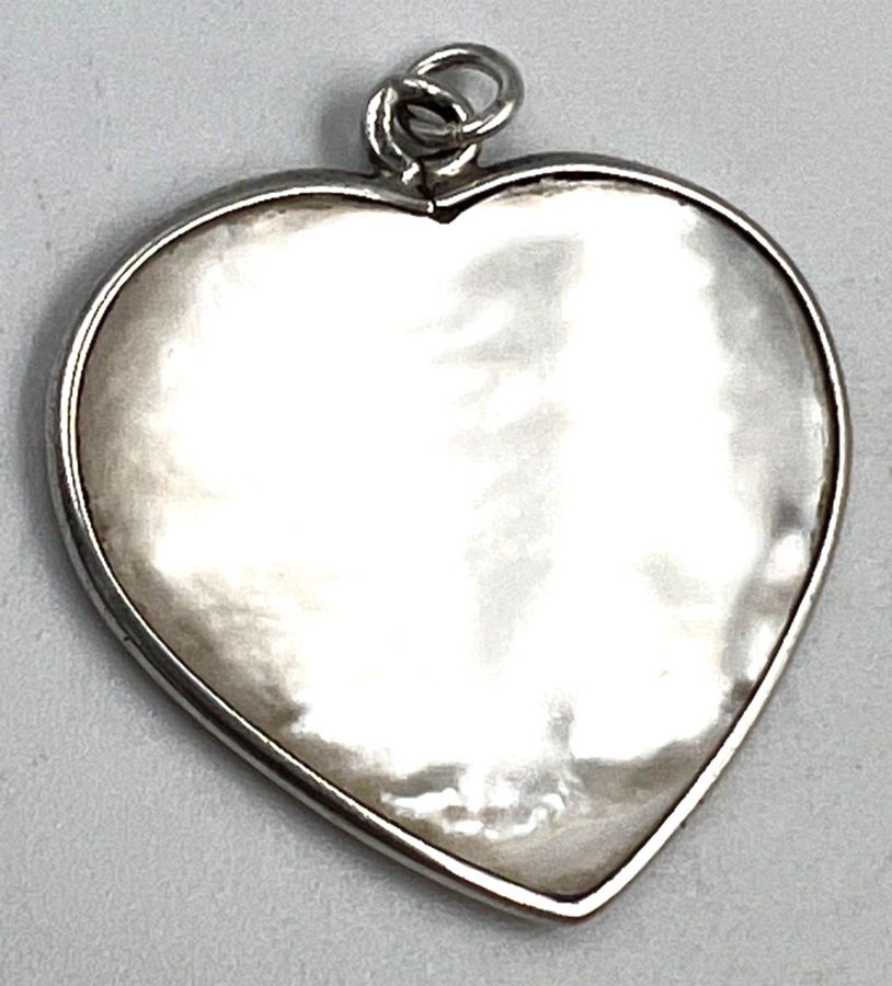 Antique Vintage Solid Silver Heart Pendant Set With Mother of Pearl