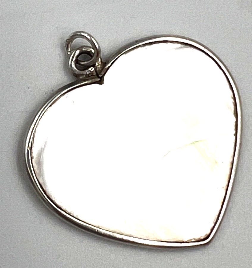 Antique Vintage Solid Silver Heart Pendant Set With Mother of Pearl