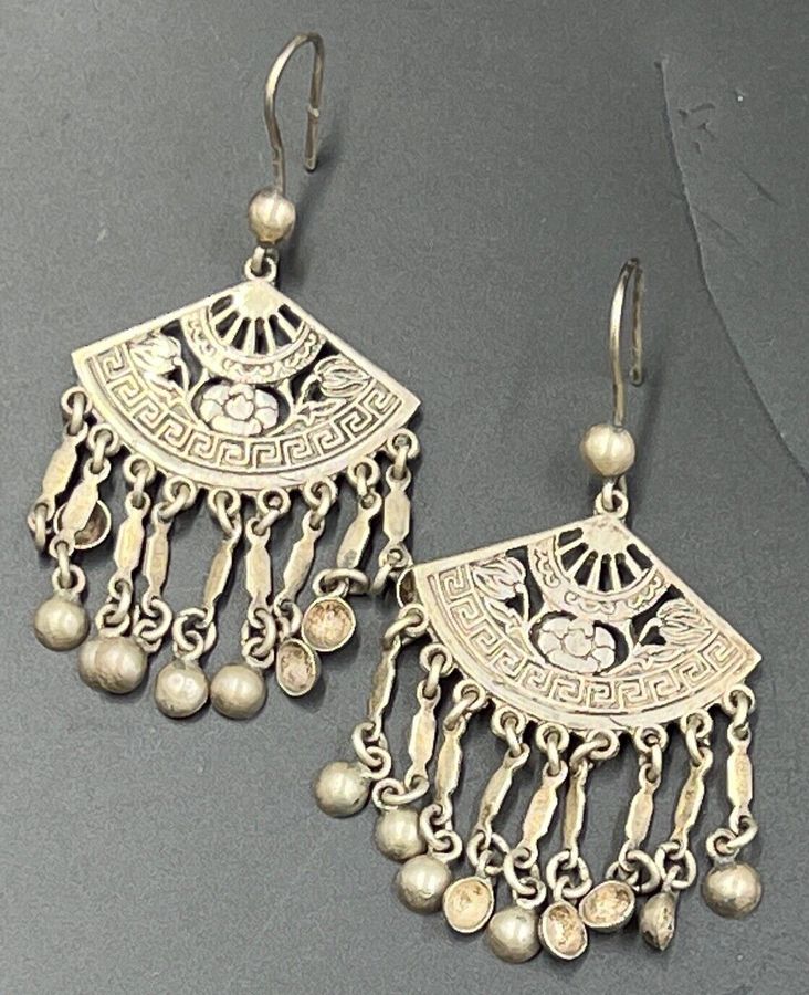 Antique Antique Art Deco Solid Silver Earrings Dangle in form of Fans Hallmarked