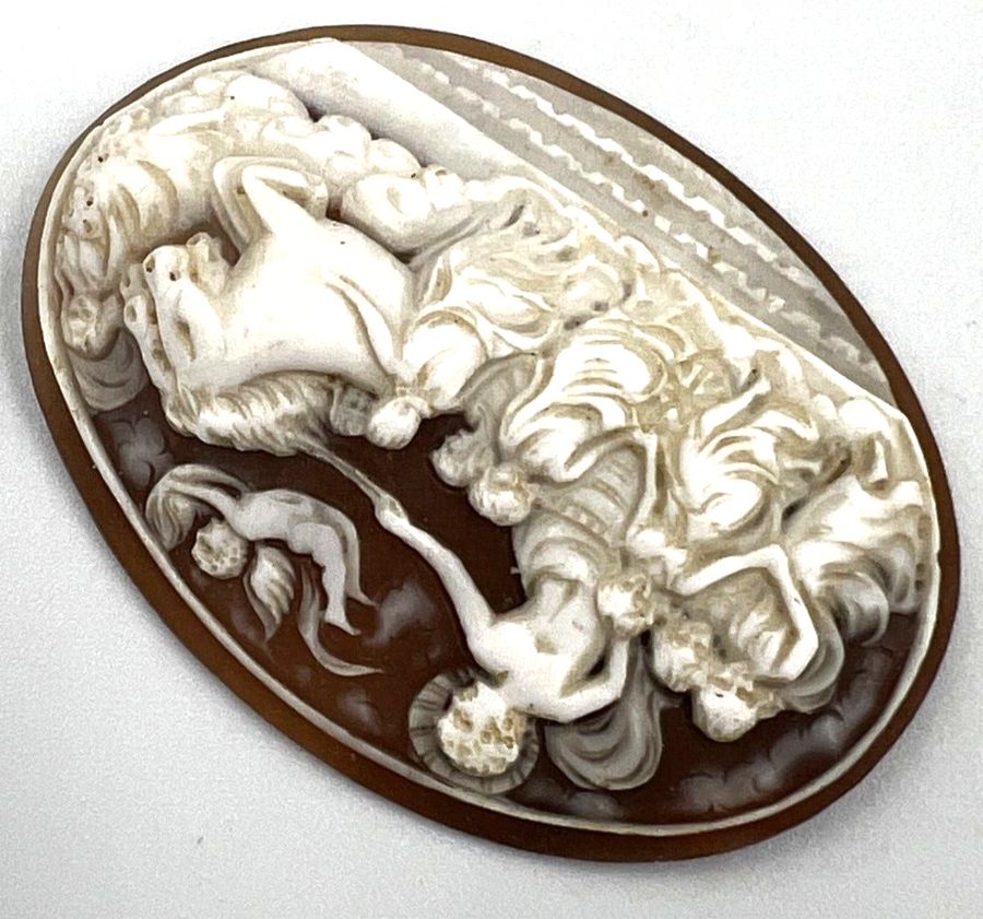 Antique Antique Victorian Large Shell Cameo Carving Apollo on Chariot with horses C1880