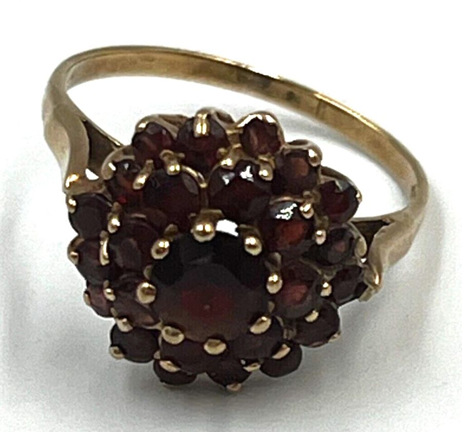 Antique Antique Art Deco 9CT Gold Garnet Cluster Ring Size Q