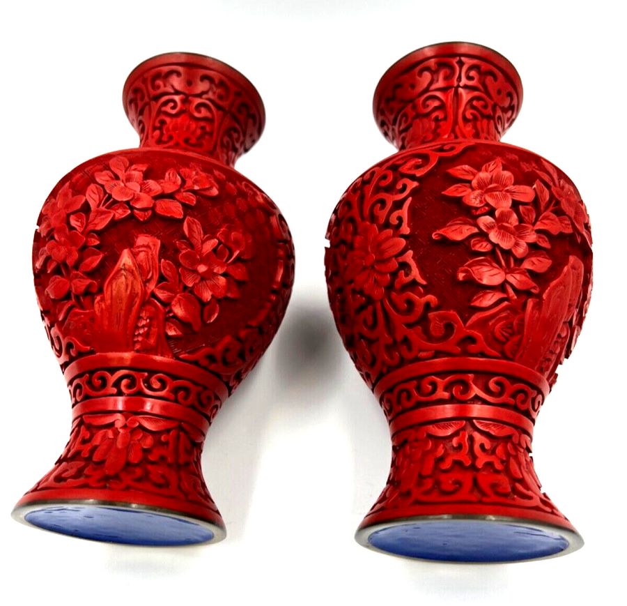 Antique Vintage Pair Chinese Hand Carved Cinnabar Baluster Vases Enamelled inside & Base