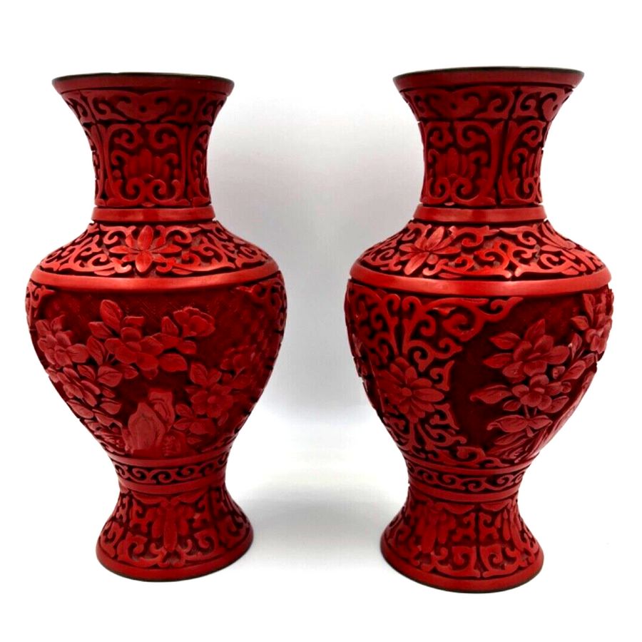 Antique Vintage Pair Chinese Hand Carved Cinnabar Baluster Vases Enamelled inside & Base