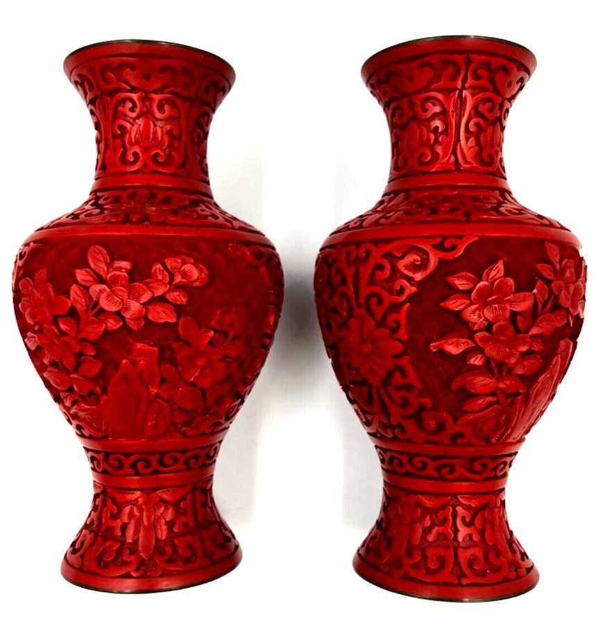 Antique Vintage Pair Chinese Hand Carved Cinnabar Baluster Vases Enamelled inside & Base