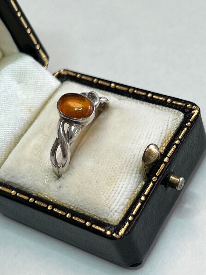 Antique Vintage Solid Silver Natural Amber Ring Size P Hallmarked