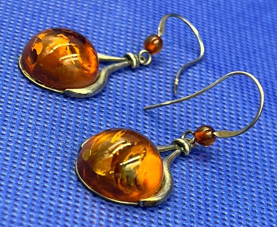 Antique Antique Sterling Silver Large Natural Amber Cabochon Drop Earrings Art Nouveau