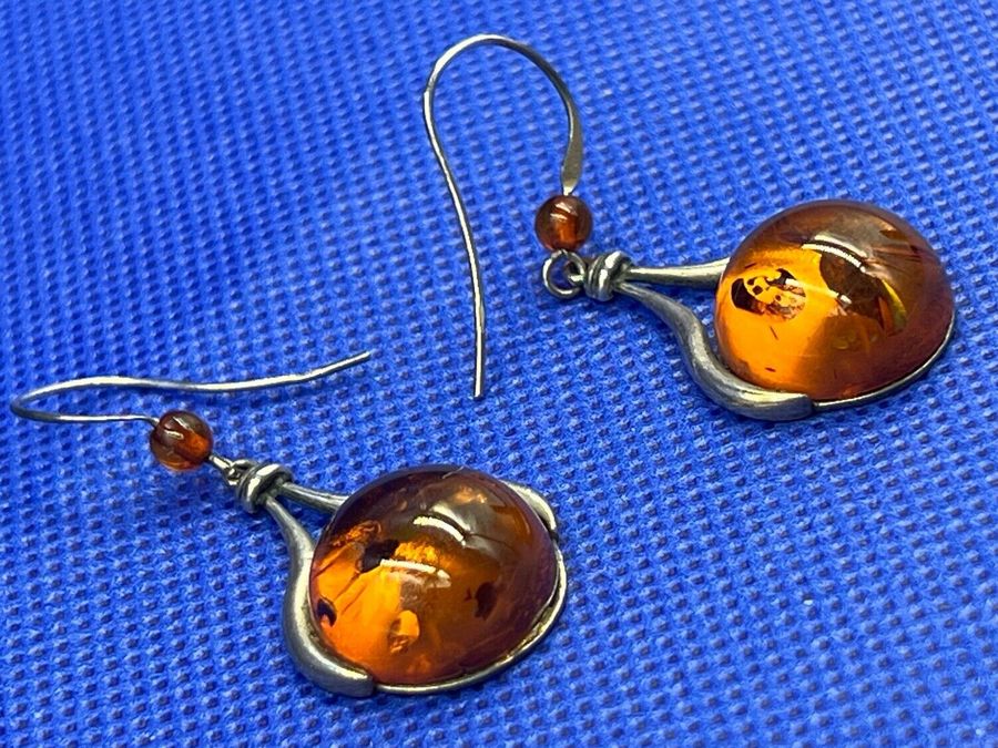 Antique Antique Sterling Silver Large Natural Amber Cabochon Drop Earrings Art Nouveau