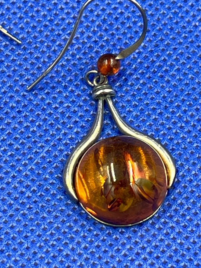 Antique Antique Sterling Silver Large Natural Amber Cabochon Drop Earrings Art Nouveau