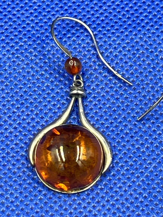 Antique Antique Sterling Silver Large Natural Amber Cabochon Drop Earrings Art Nouveau