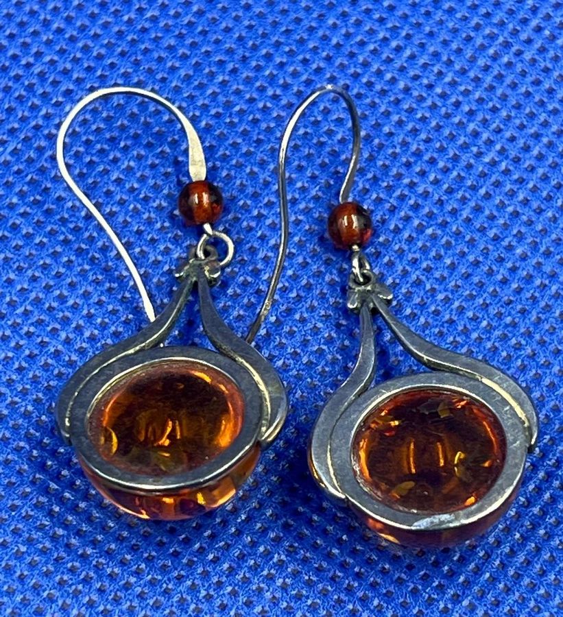 Antique Antique Sterling Silver Large Natural Amber Cabochon Drop Earrings Art Nouveau