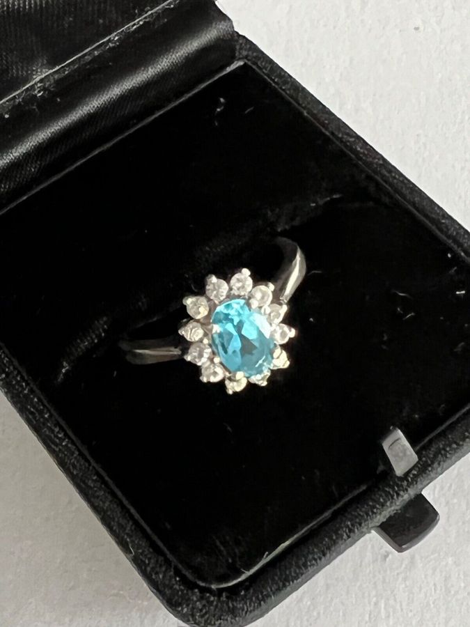 Antique Vintage Art Deco Solid Silver Aquamarine and CZ Ring Size N