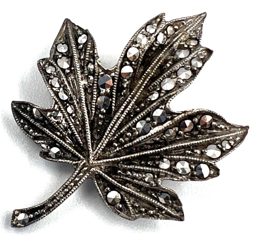 Antique Antique Art Deco Silver Leaf Brooch Set with Marcasite