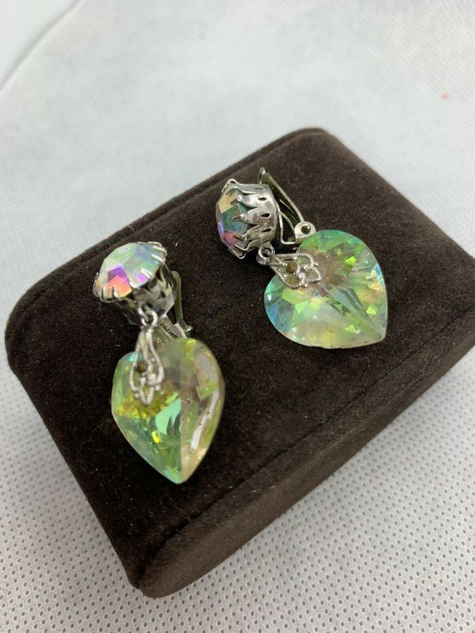 Antique Earrings  Czech Aurora Borealis Crystal Drop Earrings 1920s