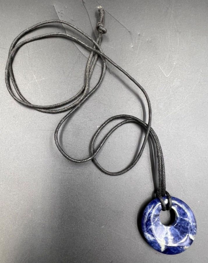 Antique Vintage Sodalite Pendant on Cord Carved Disc with Hole