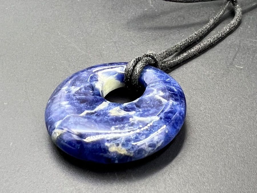 Antique Vintage Sodalite Pendant on Cord Carved Disc with Hole