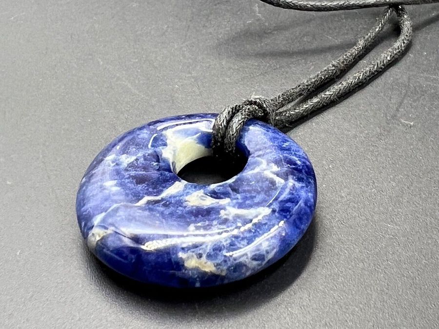 Antique Vintage Sodalite Pendant on Cord Carved Disc with Hole