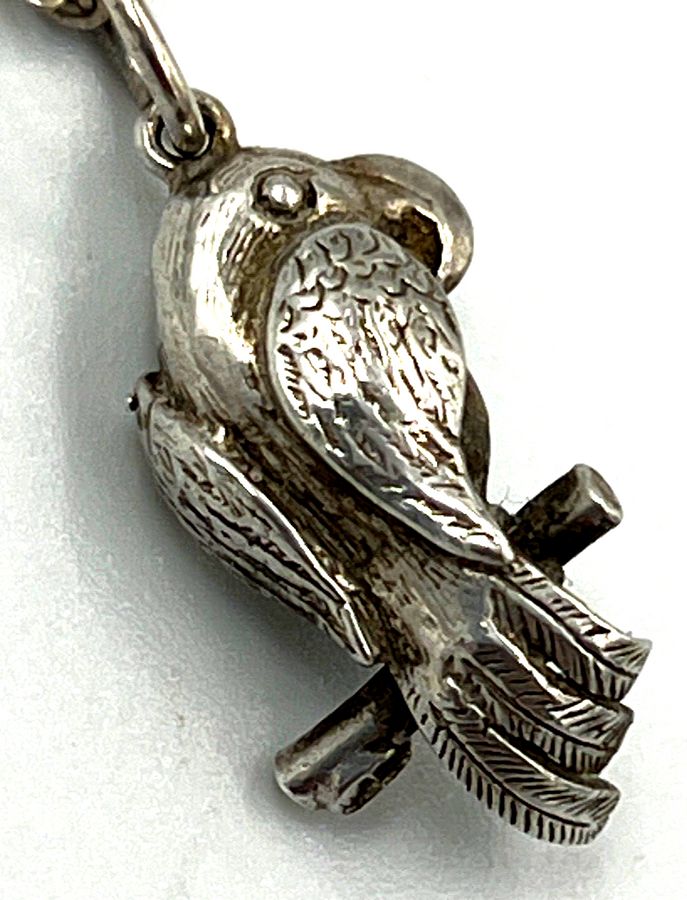 Antique Vintage Solid Silver Pendant Chain Bird Parrot Holding Crystal Hallmarked